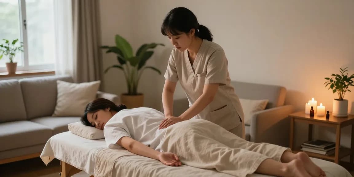Relaxing 신촌출장마사지 scene in a tranquil home setting, featuring a professional therapist and soothing atmosphere.