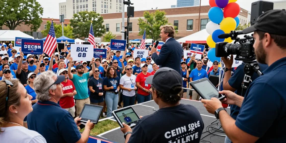 Political social media advertising at a dynamic campaign rally with candidate engaging a supportive crowd.
