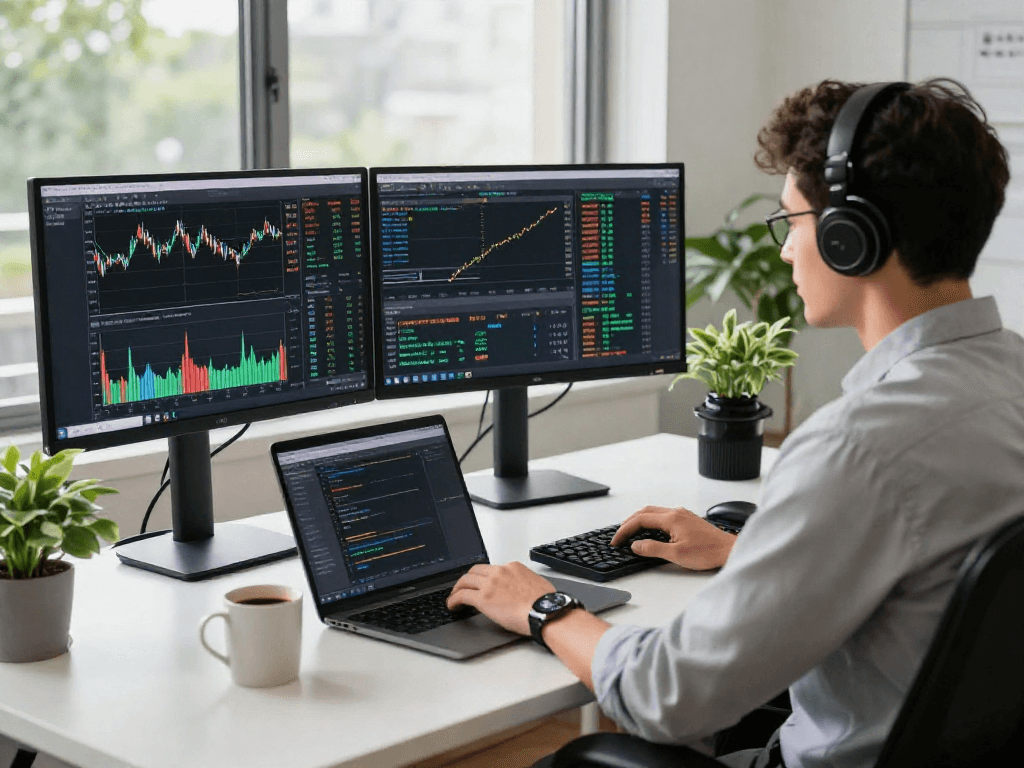 在TradingView官网上,交易者在多显示器工作区分析股票和加密货币市场趋势。