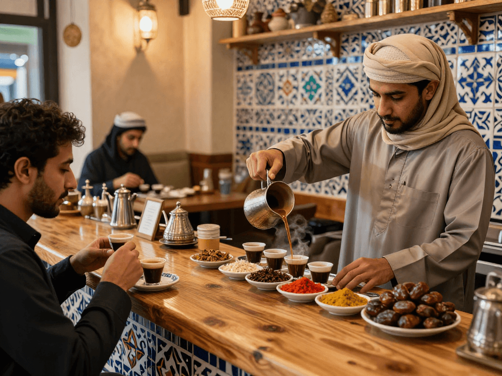 قهوجي الرياض يقوم بإعداد القهوة العربية في مقهى تقليدي