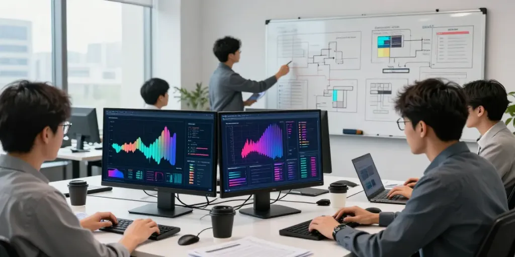 Team collaborating on Enterprise AI projects in a vibrant office