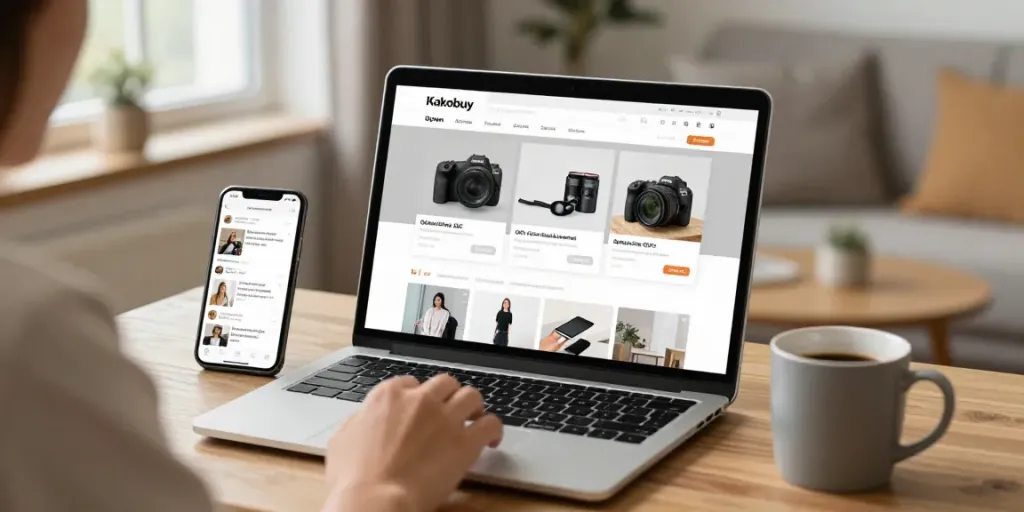 User exploring qc kakobuy finder on laptop at home, browsing quality control photos with a warm atmosphere.