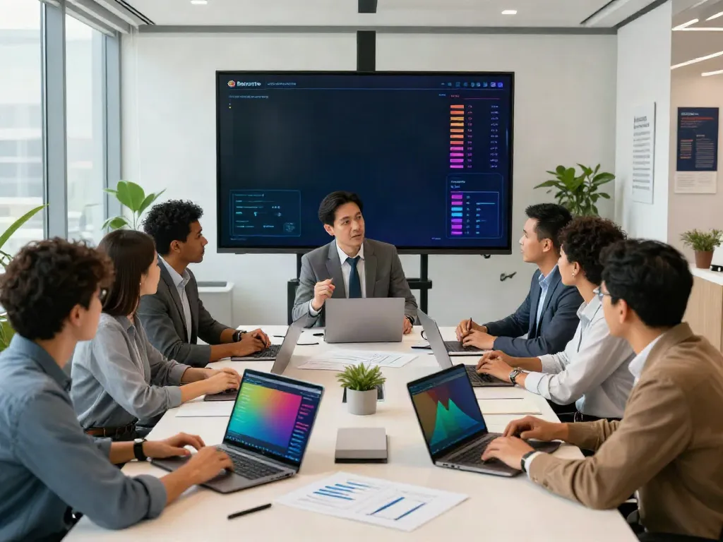 Meeting of diverse professionals discussing Banorte empresas financial solutions in a modern office.