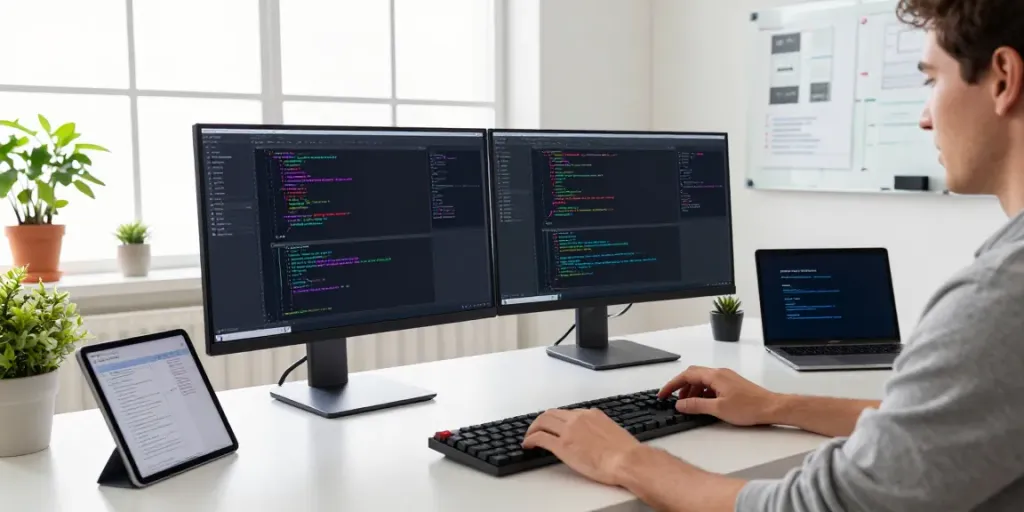 Developer coding on dual screens in a modern workspace featuring 2113 Apps development.