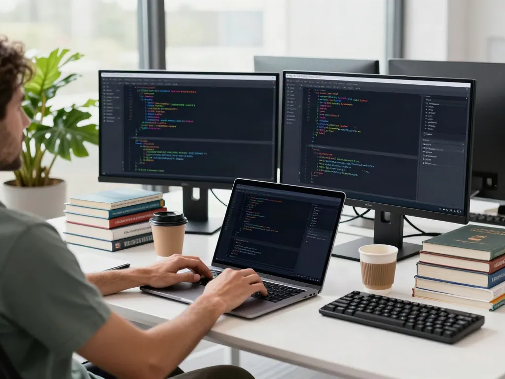 Developer coding with brave浏览器 on multiple monitors in a modern workspace