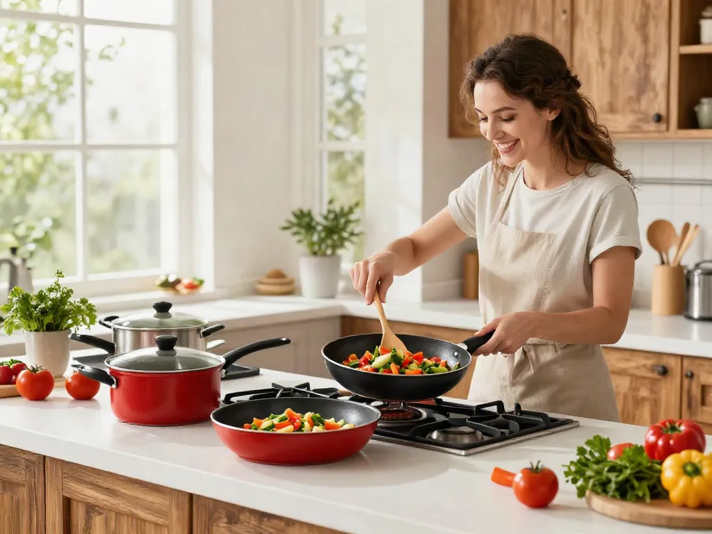 Colorful non-stick cookware price in bangladesh displayed in a warm kitchen setting.