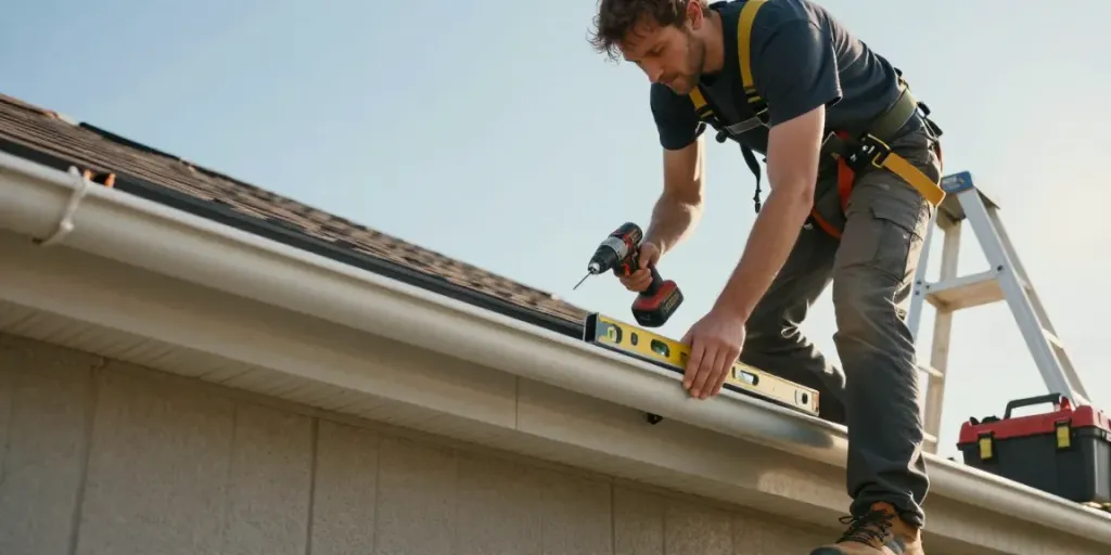 Professional installer working on Spokane gutter installation on a sunny roof.