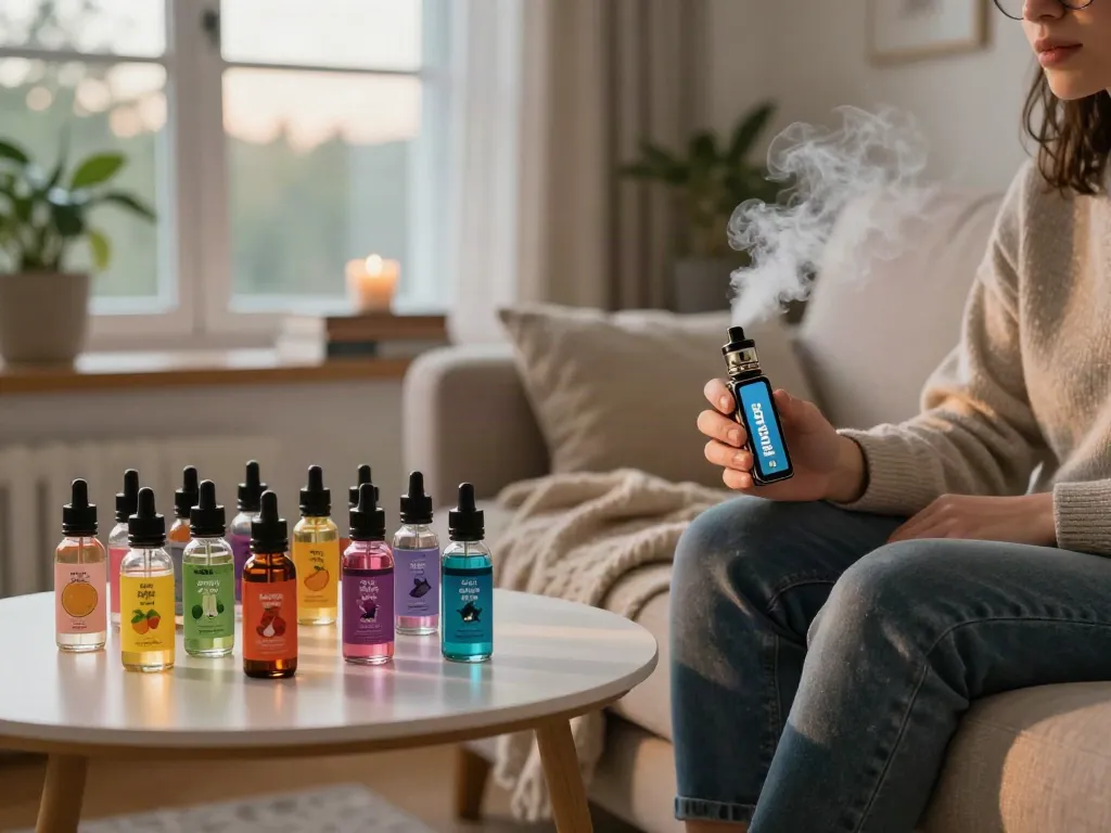 Enjoying salt nicotine vape juice in a cozy home setting with various flavors.