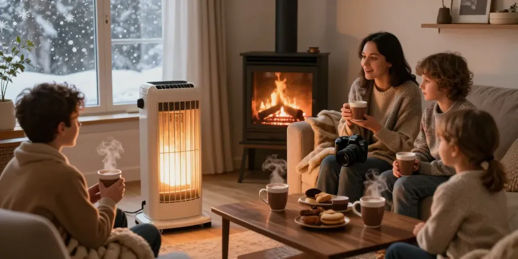 Family enjoying warmth from a ceramic heater in a cozy living room.