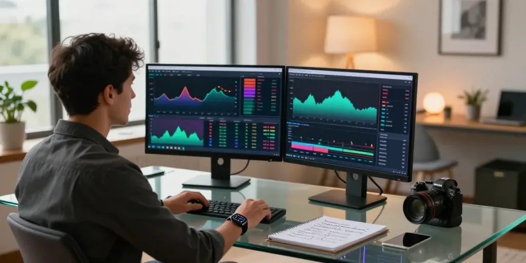 Trader analyzing TradingView charts in a modern home office setting.