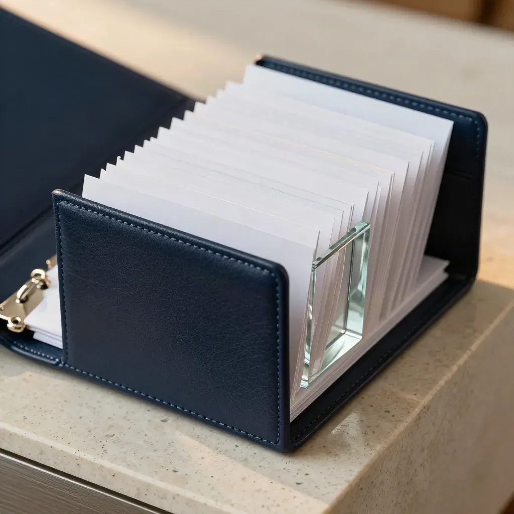 Navy binder opening with staggered dividers and a frosted glass paperweight on travertine.