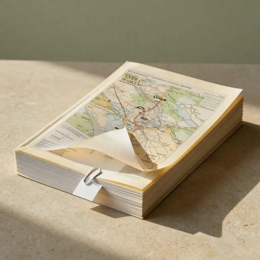Parchment map bundle with tracing-paper panels and a white clip on warm stone.