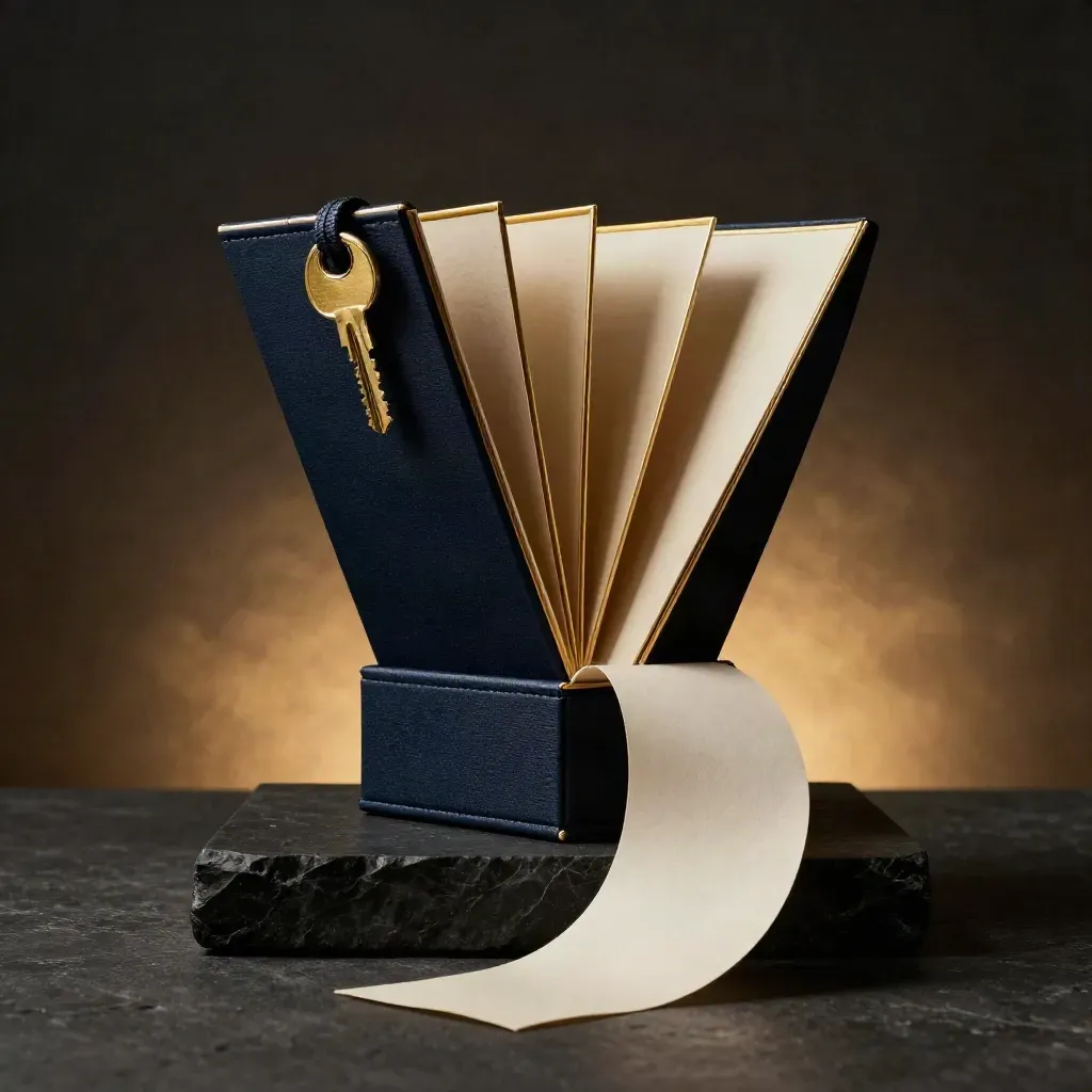 Burst-open navy closing-help bundle with gold inserts, brass ring and canvas pouch in dramatic studio light