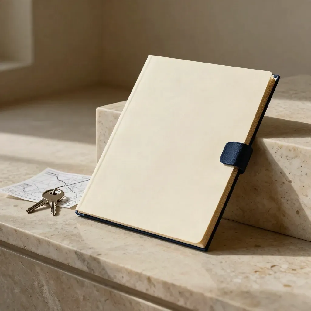 Cream buyer file beside a stone bookend with a folded map card and key ring in soft window light.