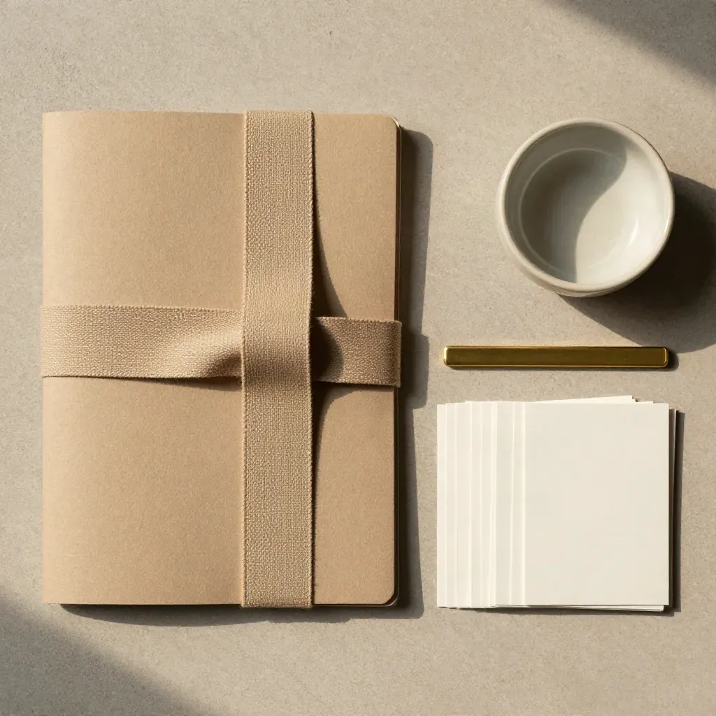 Top-down flat lay of a Rome rental kit with folder, fabric band, blank cards and ceramic key bowl.