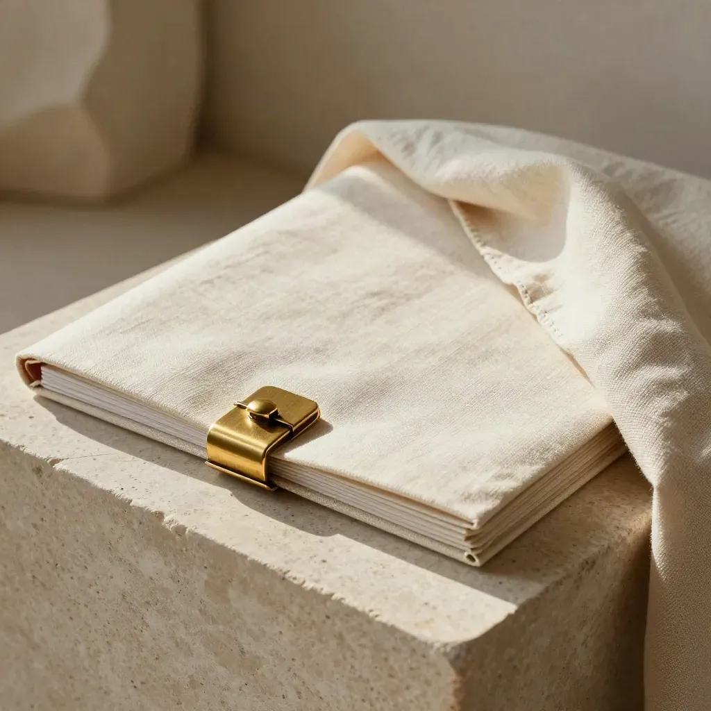 Cream folder wrapped in linen with brass clasp on pale stone, close-up macro.