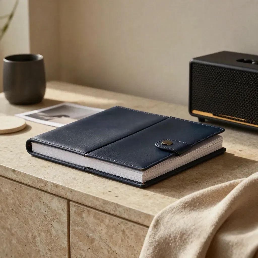 Open navy closing-day folio beside speaker, coaster, and linen on a limestone sideboard.
