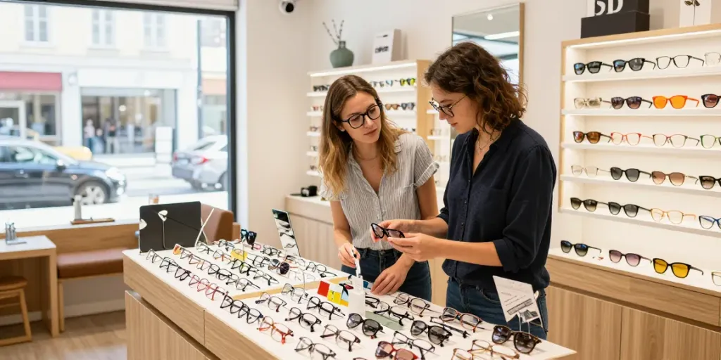 Ambiente de ótica Avaré com vendedor ajudando cliente a escolher óculos estilosos.
