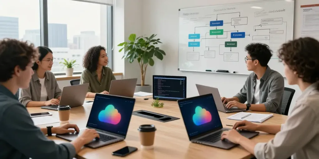 A diverse team of Azure managed services providers collaborate in a modern office, showcasing cloud analytics on their laptops and monitors.