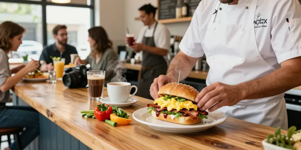 Delicious breakfast near me (Austin Texas area) featuring NYC-inspired sandwiches and fresh ingredients in a vibrant café.