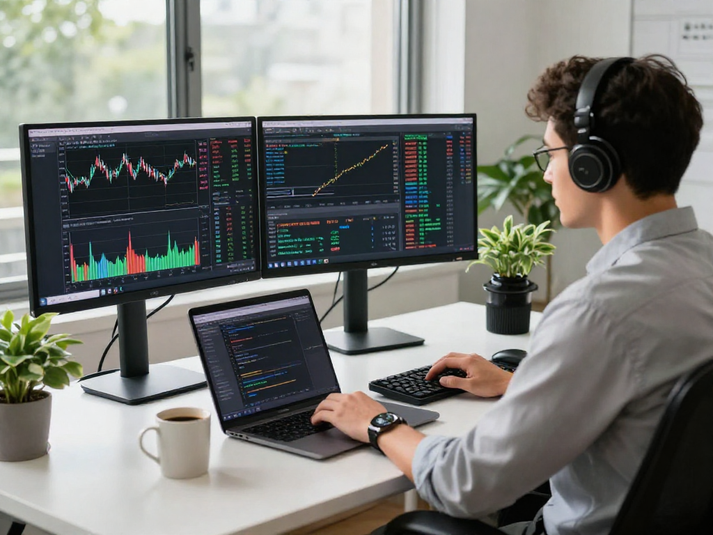 在TradingView官网上,交易者在多显示器工作区分析股票和加密货币市场趋势。