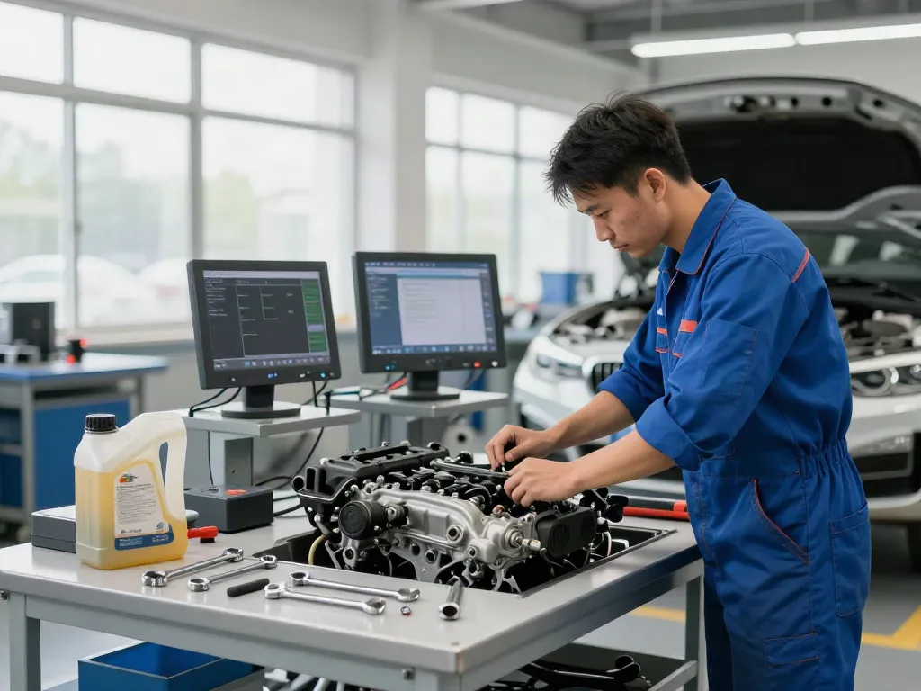 Mechaniker wechselt die BMW Steuerkette in einer modernen Werkstatt in Hannover.
