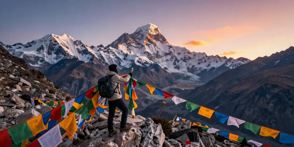 Trek to Manaslu Circuit at Larkya La Pass showcasing a traveler in outdoor gear against stunning mountain backdrop.
