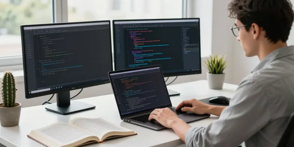 Developer using instant indexing tools on dual monitors in a modern tech workspace.