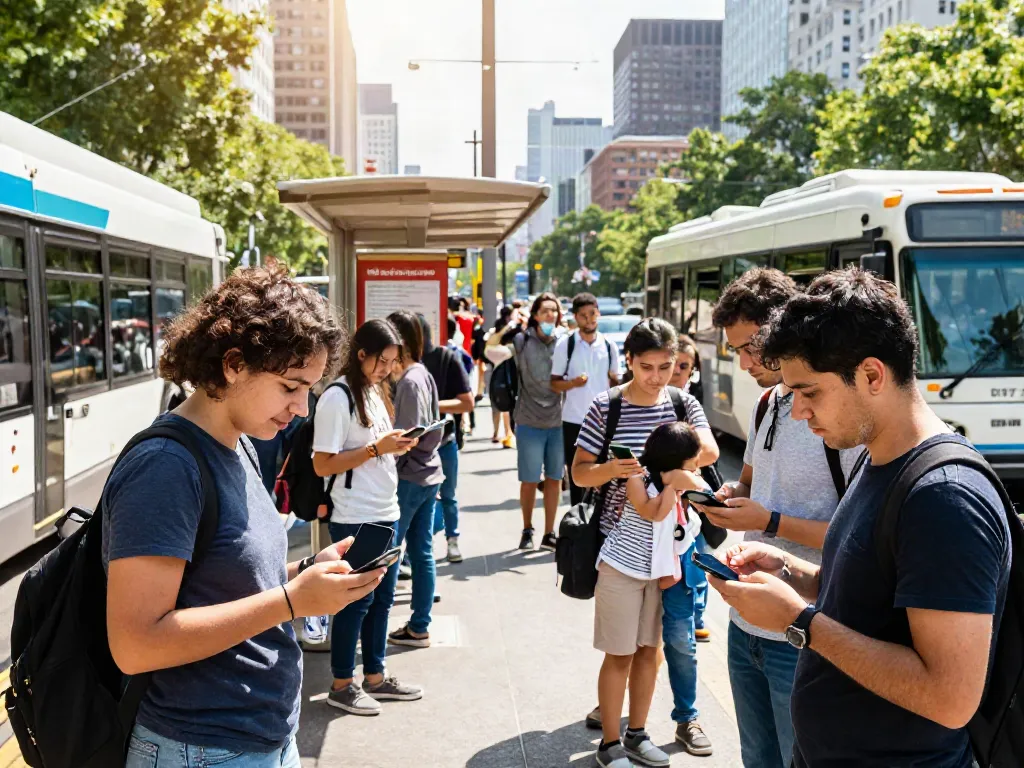 Sciopero alerts depicted with commuters at a bus stop receiving real-time notifications on their smartphones about upcoming transport strikes.