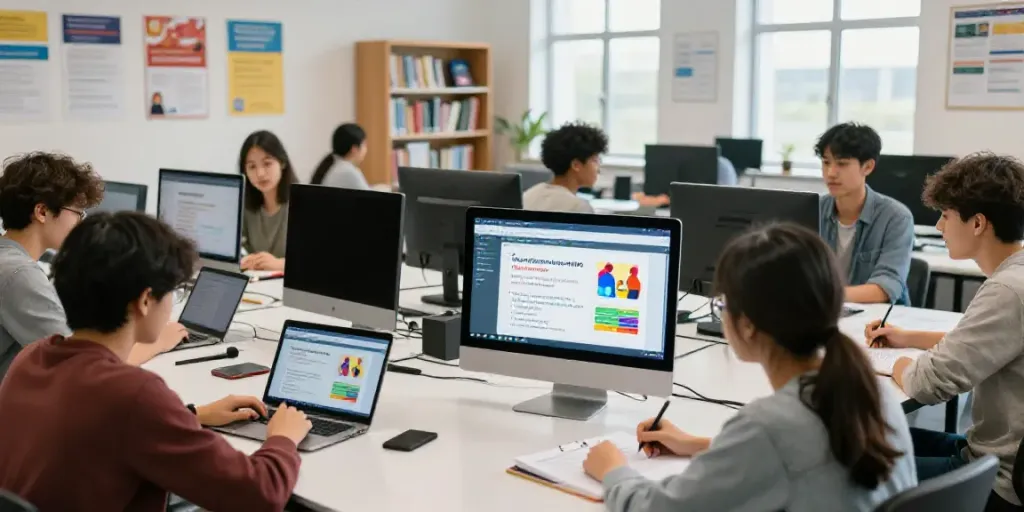 Situs toto online learning environment with diverse students engaging in interactive language courses.