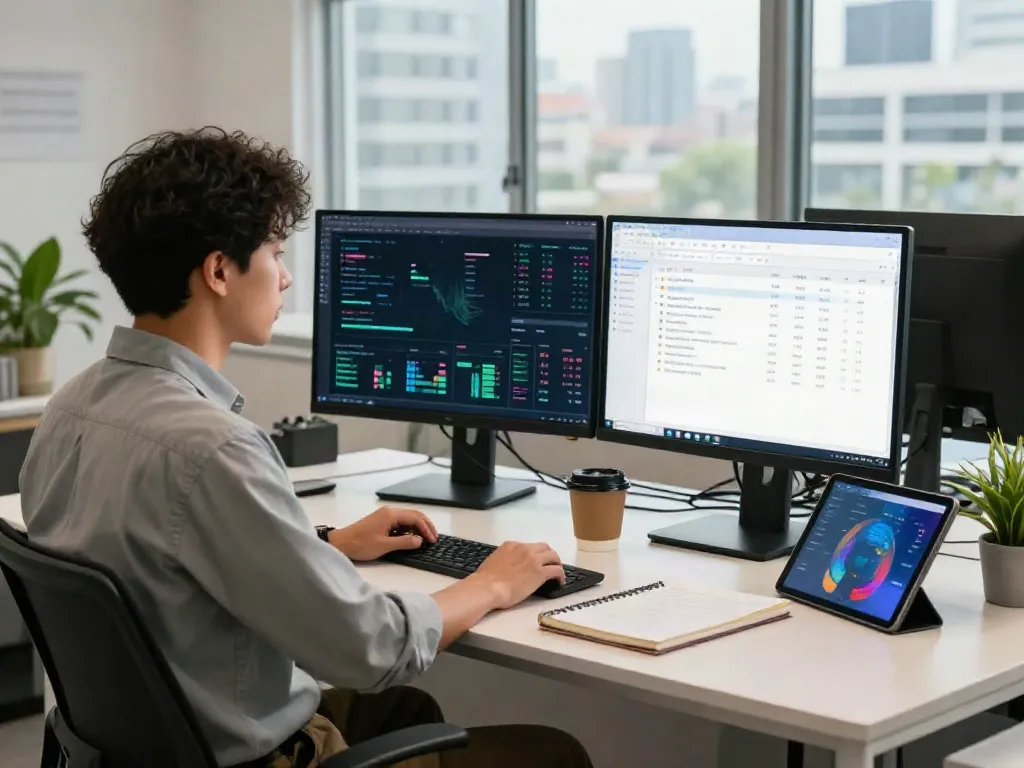 Data scientist using a dataset search tool in a bright, modern workspace.