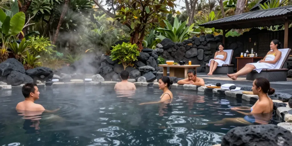 Guests savoring therapeutic benefits at rokok 88 volcanic hot springs
